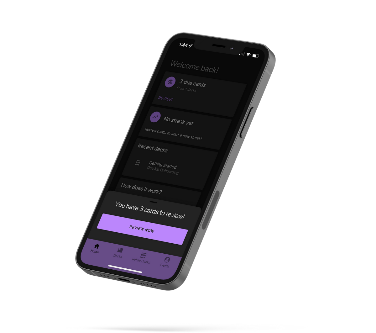 QuizMe app on an iPhone mockup